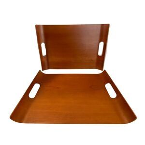 2 MCM Levenger Bentwood Serving Trays w Handles Vintage Wood 17.5”